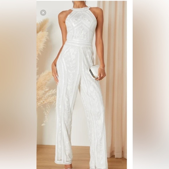 Lulu's Cream Embroidered Halter Jumpsuit - Picture 1 of 16